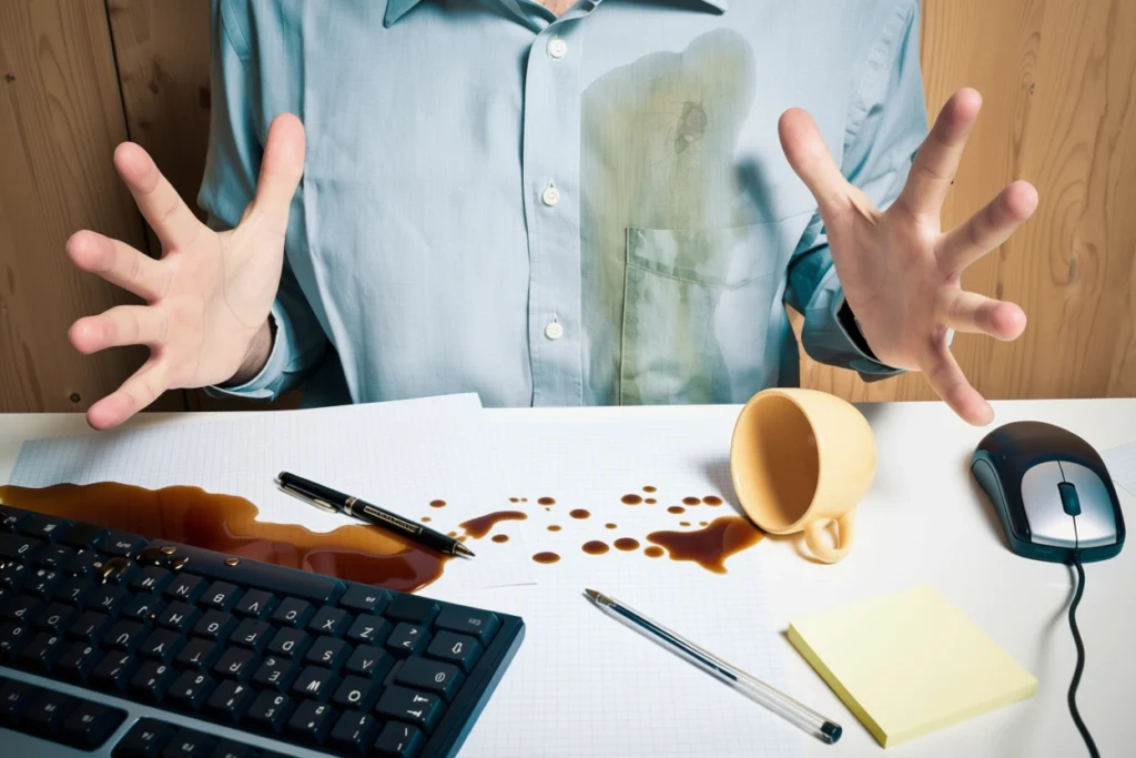Foto de um homem com a xícara caída sobre a mesa e café derramado sobre o teclado