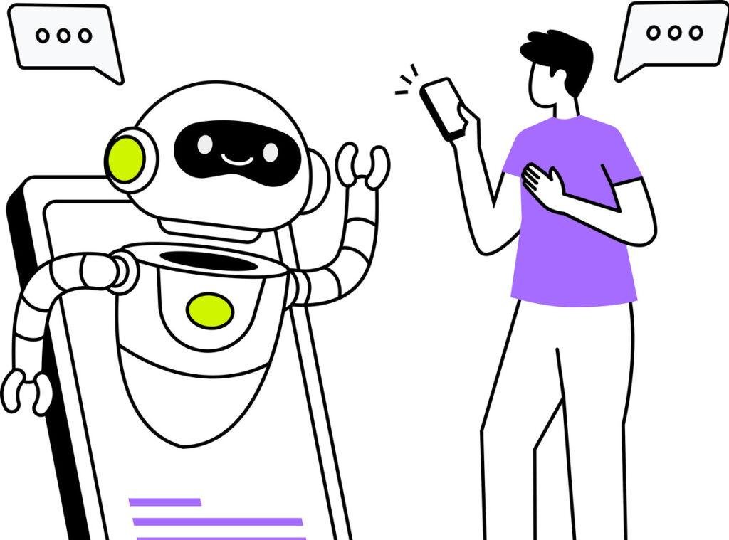 Ilustração de um homem se comunicando com um robô que sai da tela de um smartphone, representando o que é engenharia de prompt