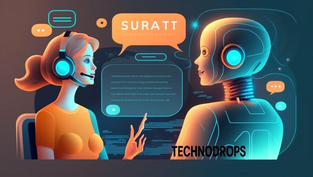 Ilustração gerada por IA mostra uma mulher interagindo em dialogo com um robô