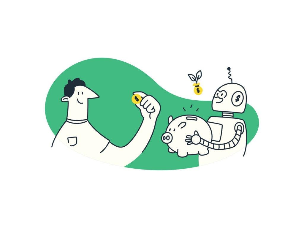 Ilustração de um robô segurando um cofre porquinho, e um homem colocando uma moeda no cofrinho, representando quanto ganha um engenheiro de prompt.