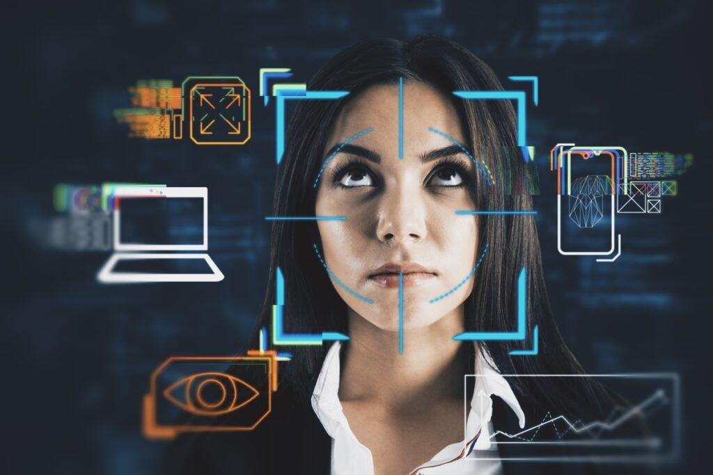 Imagem de uma mulher, o rosto com marcações para reconhecimento facial para autenticação de dois fatores