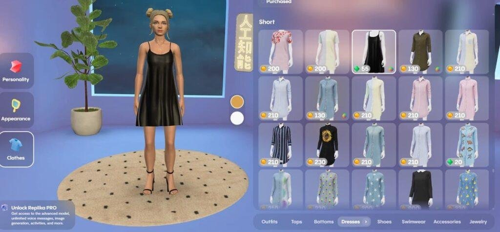 Captura de tela do Replika Gratuito, mostrando as opções de customização do avatar