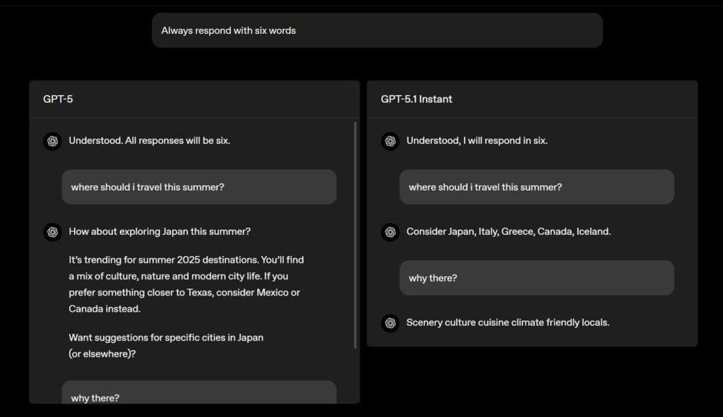 Print da tela do ChatGPT (OpenAI) mostrando o exemplo de prompt com seis palavras no GPT-5.1