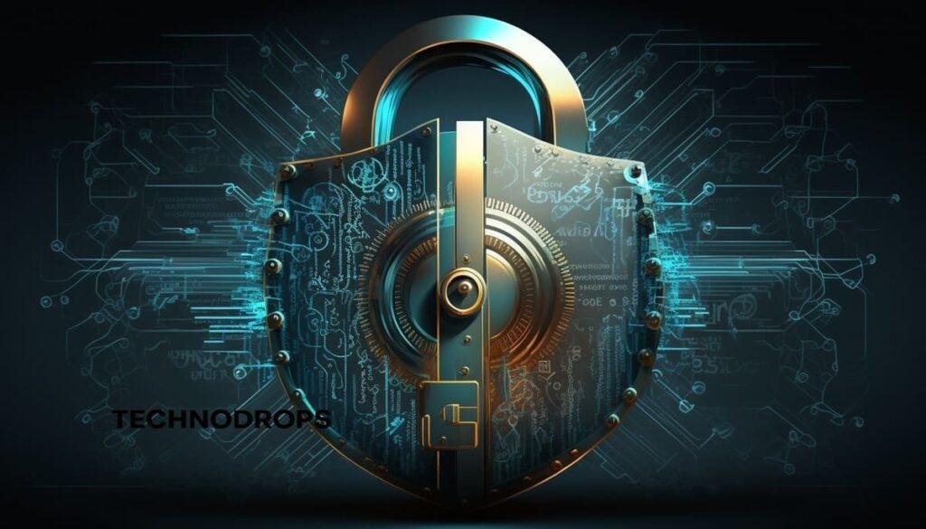 Imagem gerada por IA de um cadeado em forma de escudo com aspecto tecnológico simbolizando segurança digital.