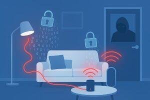 Ilustração de uma sala smart home, uma lâmpada inteligente e alto-falante conectado. Linhas vermelhas de Wi-Fi e códigos binários simbolizam vulnerabilidades. Na porta ao fundo, a silhueta de um hacker observa a cena, representando uma ameaça à segurança na smart home
