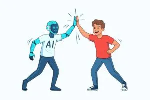 Ilustração de um robô e um humano fazendo high five, ilustrando o que é engenharia de prompt